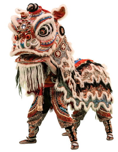 León tradicional de danza china con bordados ornamentales en colores rojo, blanco, azul y dorado, utilizado en celebraciones culturales y festividades